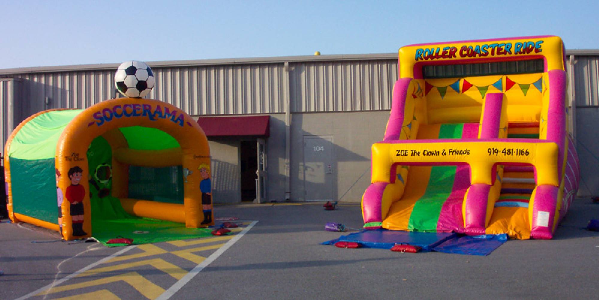 The inflatable soccer game and slide rentals wait for the action to start at the YMCA